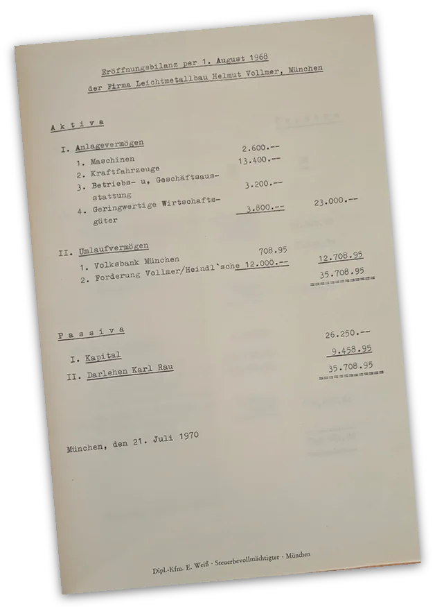 Eröffnungsbilanz der Firma Leichtmetallbau Helmut Vollmer zum 1. August 1968